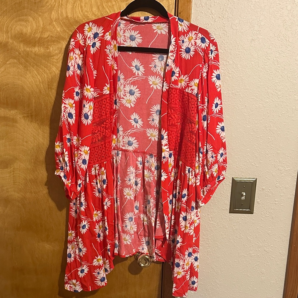 Red Floral Open-Front Kimono Cardigan